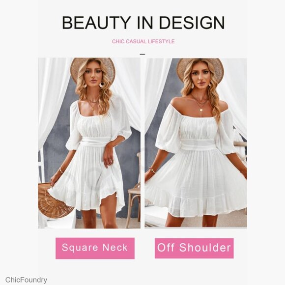 Square Neck Tie Back Lantern Sleeve Ruffle A-Line Casual Summer Dress - Picture 5 of 7